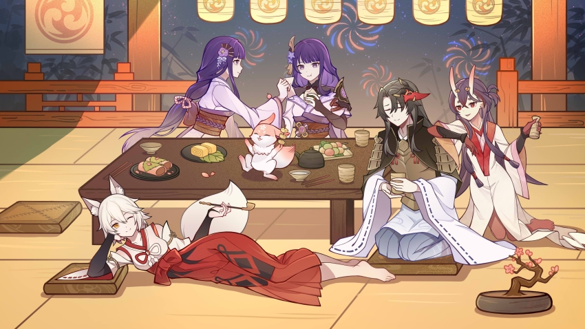 1boy 5girls absurdres animal_ears arm_up armor bare_shoulders barefoot black_hair blunt_bangs braid chewing chiyo_(genshin_impact) closed_eyes closed_mouth collarbone cup dango detached_sleeves eating fireworks food friends from_side genshin_impact hair_ornament hair_ribbon hand_up highres holding holding_cup holding_food horns indoors japanese_armor japanese_clothes kitsune_saiguu kneeling leaning_on_person leaning_to_the_side light_smile long_hair looking_at_food looking_down looking_to_the_side lying makoto_(genshin_impact) mask mask_on_head miko mole mole_under_eye multiple_girls neck_ribbon night night_sky off_shoulder on_side one_eye_closed onigiri open_mouth purple_eyes purple_hair raiden_shogun red_eyes ribbon sasayuri_(genshin_impact) seiza short_hair single_braid sitting skin-covered_horns sky smoking_pipe table tail tomoe_(symbol) wagashi white_hair yae_miko yae_miko_(fox) yanwoshiro15360