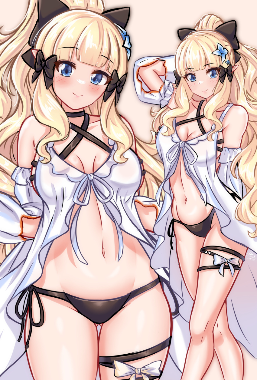 absurdres arada_(corsair_zero) arknights blonde_hair elf highres navel pointy_ears princess_connect! saren_(princess_connect!) surtr_(arknights) swimsuit