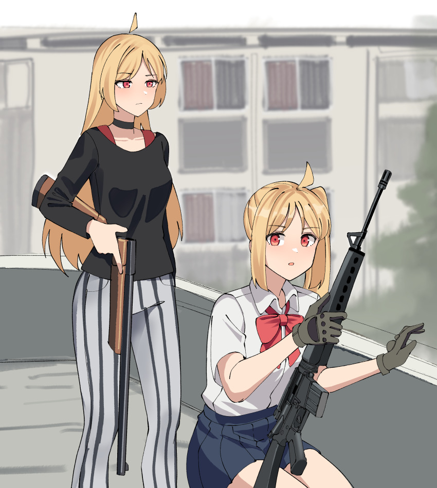 2girls absurdres ar-15 assault_rifle black_shirt blue_skirt bocchi_the_rock! bow break_action commentary double-barreled_shotgun expressionless gar32 grey_pants gun highres ijichi_nijika ijichi_seika looking_at_viewer m16 m16a1 multiple_girls pants photo-referenced real_life red_bow rifle rooftop_koreans school_uniform shirt shotgun skirt squatting striped_clothes striped_pants weapon white_background