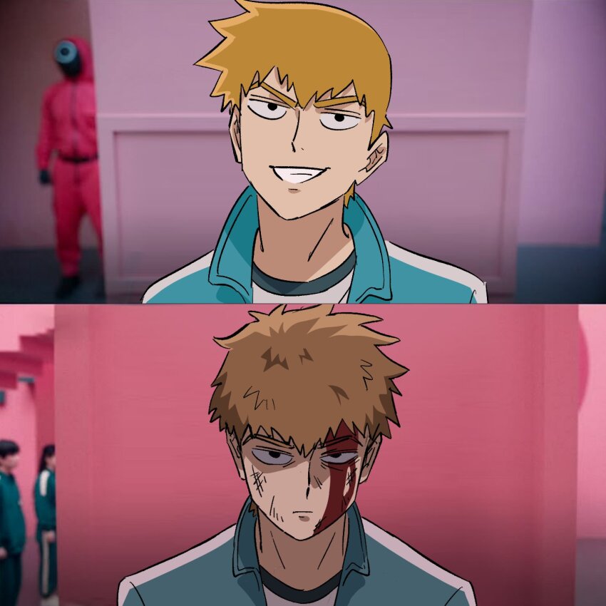 1boy angry before_and_after blood blood_on_face green_jacket highres jacket konichiwajh male_focus meme mob_psycho_100 reigen_arataka smile squid_game year_1_&amp;_year_2_(squid_game)_(meme)