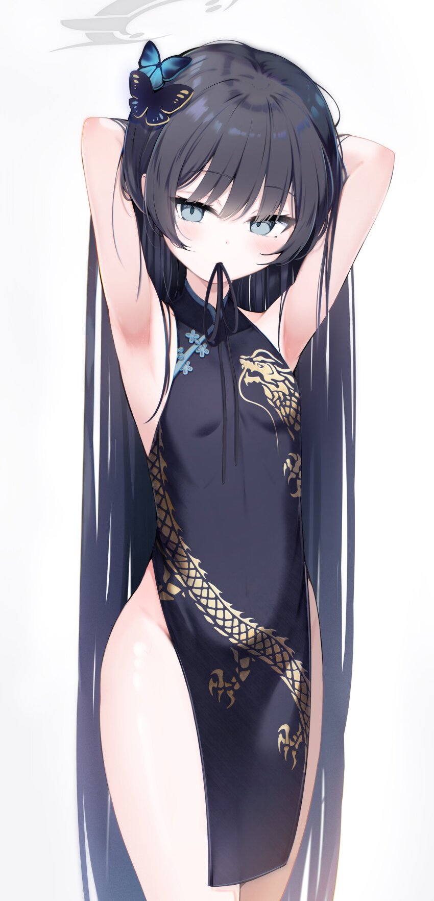 1girl absurdres armpits arms_up black_dress black_eyes black_hair blue_archive butterfly_hair_ornament china_dress chinese_clothes cowboy_shot dragon_print dress emimeku flat_chest gradient_background grey_halo hair_down hair_ornament hair_tie halo highres kisaki_(blue_archive) long_hair looking_at_viewer mouth_hold pelvic_curtain print_dress side_slit simple_background sleeveless sleeveless_dress solo standing