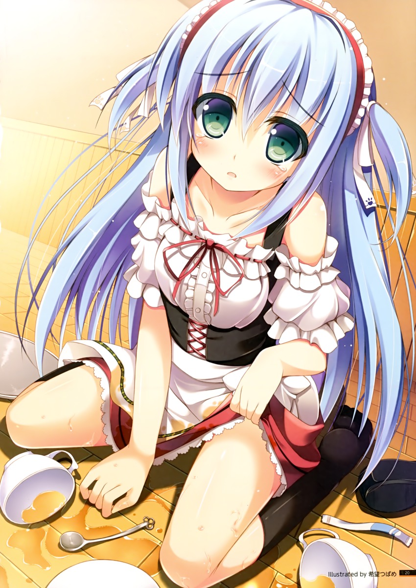 1girl absurdres apron bare_shoulders black_socks blue_hair collarbone corset cup female_focus green_eyes hairband highres kneehighs kurano_ema kurano_kun_chi_no_futago_jijou lolita_hairband long_hair no_shoes nozomi_tsubame scan sitting socks solo spill teacup tears tray two_side_up very_long_hair wariza wet