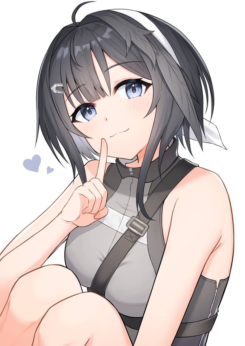 1girl absurdres ahoge arknights bare_arms bare_shoulders black_hair blue_eyes finger_to_mouth grey_shirt hairband hand_up head_tilt heart highres index_finger_raised k@bu knees_up la_pluma_(arknights) looking_at_viewer shirt short_hair simple_background sleeveless sleeveless_shirt smile solo upper_body white_background white_hairband