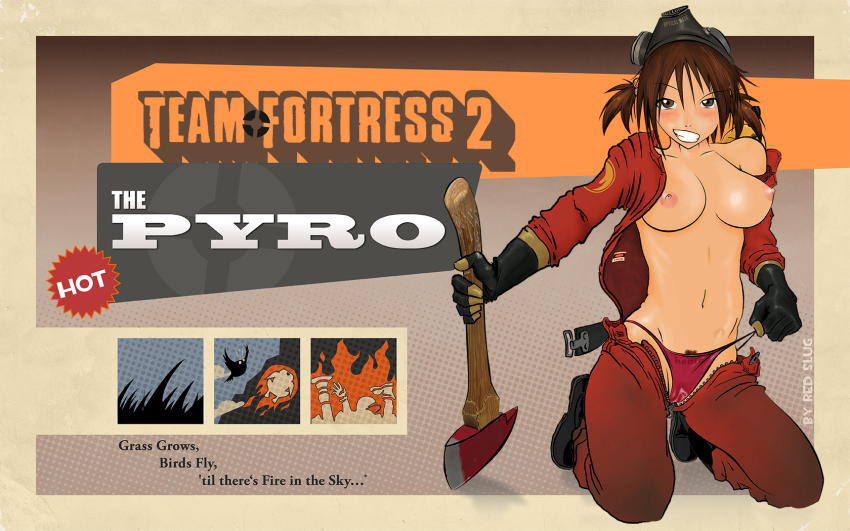 1girl axe breasts female_focus female_pubic_hair gas_mask gloves highres mask nipples panties pubic_hair pyro pyro_(tf2) red_slug rubber_gloves solo team_fortress_2 thong underwear weapon