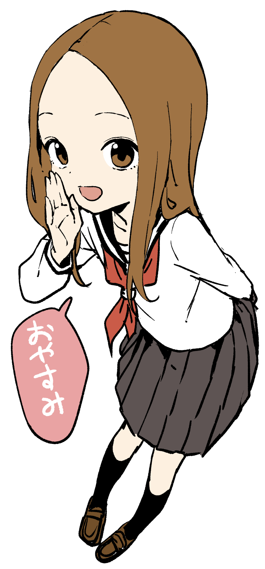 1girl :d absurdres brown_eyes brown_hair highres karakai_jouzu_no_takagi-san long_hair long_sleeves looking_at_viewer neckerchief open_mouth red_neckerchief school_uniform serafuku simple_background smile solo speech_bubble takagi-san translation_request white_background yamamoto_souichirou