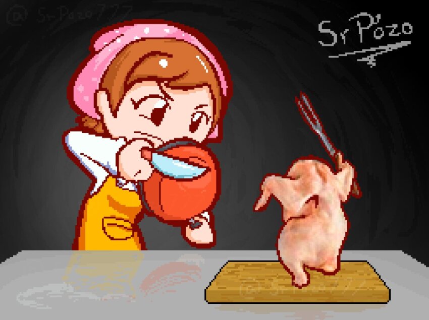 1girl apron bandeusi!_madinneun_yorireul_haenaegetsseumnida_(meme) brown_eyes brown_hair chicken_(food) closed_mouth commentary cooking_mama cutting_board english_commentary food frown frying_pan grey_background headscarf holding holding_frying_pan holding_knife knife mama_(cooking_mama) meme no_sclera pink_headscarf shirt short_hair solo srpozo777 upper_body white_shirt yellow_apron