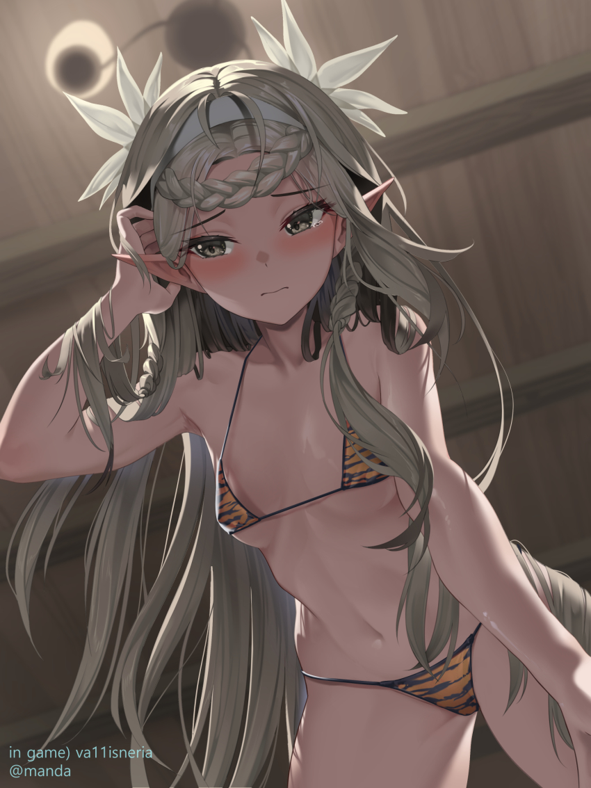 1girl animal_print bikini blush braid breasts closed_mouth commentary epic_seven green_eyes green_hair tucking_hair hairband highres iseria_(epic_seven) long_hair manda_(luts7602) navel pointy_ears small_breasts solo swimsuit tears tiger_print twitter_username very_long_hair white_hairband