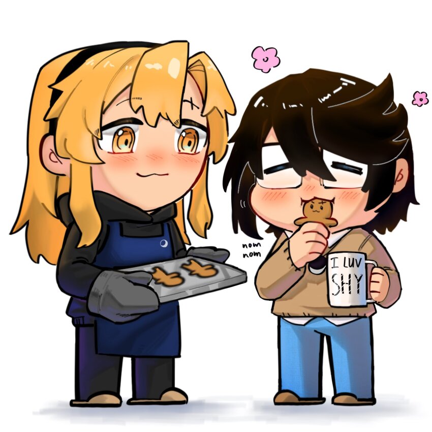 apron black_hair black_hoodie blonde_hair blue_apron blue_pants brown_sweater chibi chibi_only closed_eyes cookie cup eating food gingerbread_cookie gmeg011 highres holding holding_cup holding_tray hood hoodie koishikawa_iko momijiyama_teru mug oven_mitts pants scar_across_eyebrow short_hair shy_(series) slippers sweater tray yellow_eyes yuri