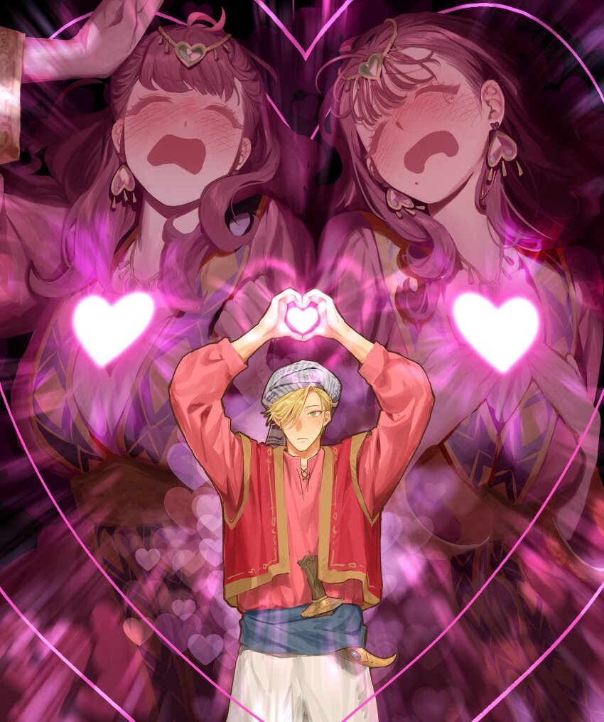 1boy 2girls arms_up blonde_hair blue_sash blush breasts choppy_bangs closed_mouth cowlick dagger ear_blush earrings french_commentary hair_over_one_eye hand_on_own_head hands_on_own_chest heart heart_earrings heart_hands highres jewelry knife long_hair long_sleeves mole mole_under_mouth multiple_girls original red_eyes red_hair red_vest sash short_hair turban unholymilk vest wavy_mouth weapon yellow_eyes