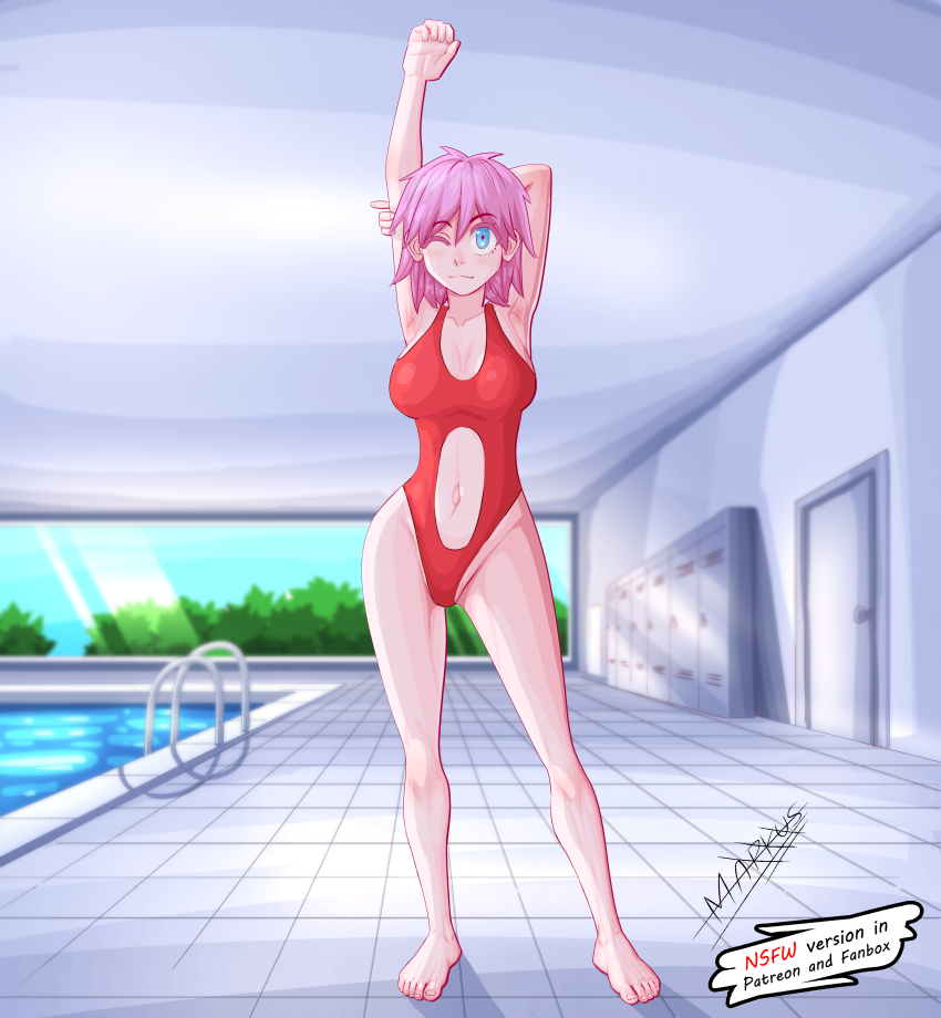 1girl absurdres blue_eyes breasts cleavage highres large_breasts markustercero navel one-piece_swimsuit pink_hair pool pool_ladder poolside short_hair standing swimsuit water