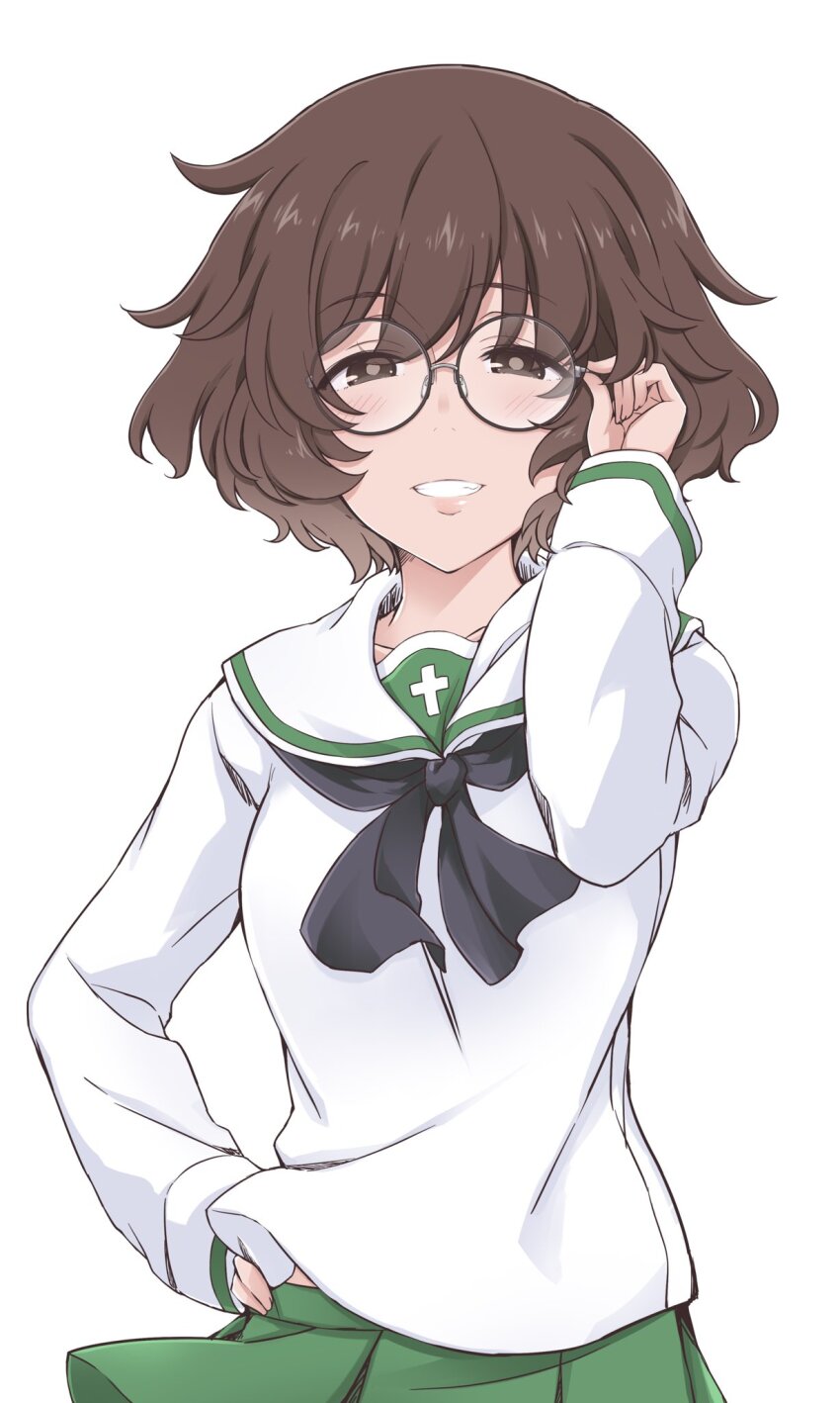 1girl adjusting_eyewear akiyama_yukari bespectacled black-framed_eyewear black_neckerchief brown_eyes brown_hair collarbone girls_und_panzer glasses green_skirt grin hand_on_own_hip hazuki_haru highres lips long_sleeves looking_at_viewer neckerchief ooarai_school_uniform parted_lips round_eyewear school_uniform short_hair simple_background skirt smile solo teeth upper_body white_background