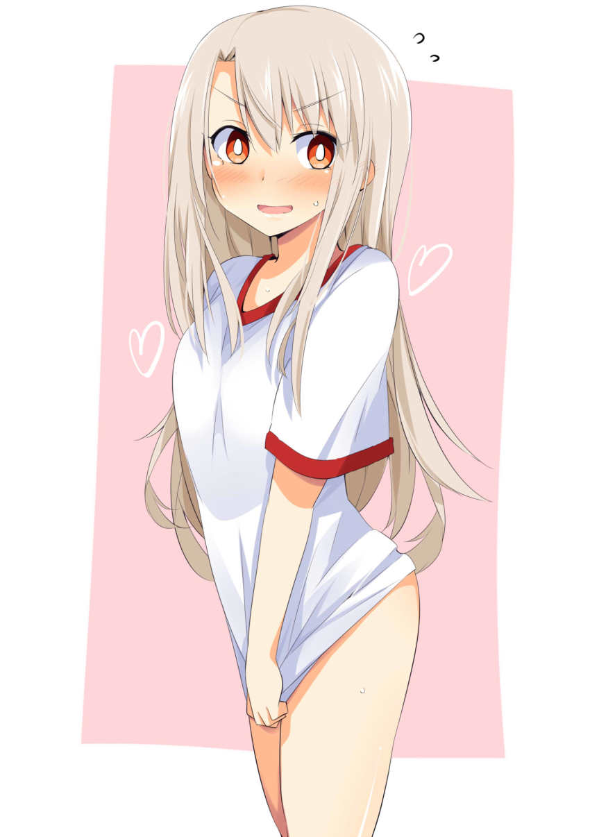 1girl bare_legs blush breasts chata_maru_(irori_sabou) commentary_request covering_privates covering_crotch embarrassed fate/stay_night fate_(series) flying_sweatdrops gym_uniform heart highres illyasviel_von_einzbern long_hair looking_at_viewer open_mouth pink_background red_eyes shirt shirt_tug short_sleeves small_breasts solo standing sweat tearing_up white_background white_shirt