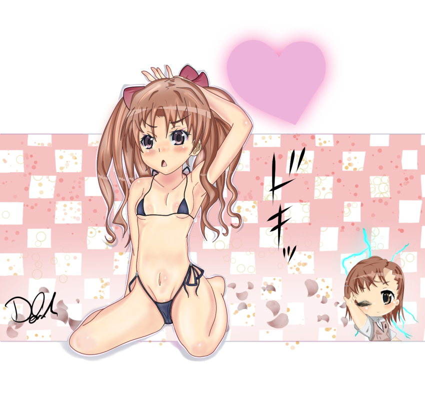 2023 20s 2girls accelerator_(artist) arm_behind_head bare_legs bare_shoulders barefoot bikini biribiri black_bikini blush bow breasts brown_eyes brown_hair collarbone electricity electrokinesis full_body hair_bow hair_ornament heart highres kneeling long_hair looking_at_viewer matching_hair/eyes micro_bikini misaka_mikoto multiple_girls navel open_mouth petals school_uniform shirai_kuroko signature simple_background small_breasts stomach string_bikini summer_uniform swimsuit toaru_kagaku_no_railgun toaru_majutsu_no_index toes tokiwadai_school_uniform