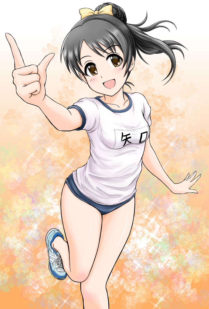 1girl absurdres arm_up black_hair blue_buruma blue_footwear blue_trim blush bow breasts brown_eyes buruma character_name collarbone dot_nose flick_(sal23) floating_hair gradient_background gym_shirt hair_bow hair_bun hair_ribbon highres idolmaster idolmaster_cinderella_girls idolmaster_cinderella_girls_starlight_stage index_finger_raised looking_at_viewer medium_breasts name_tag open_hand open_mouth orange_background ponytail ribbon shirt shoes short_hair short_sleeves single_hair_bun smile sneakers solo sparkle_background standing standing_on_one_leg white_shirt yaguchi_miu yellow_ribbon