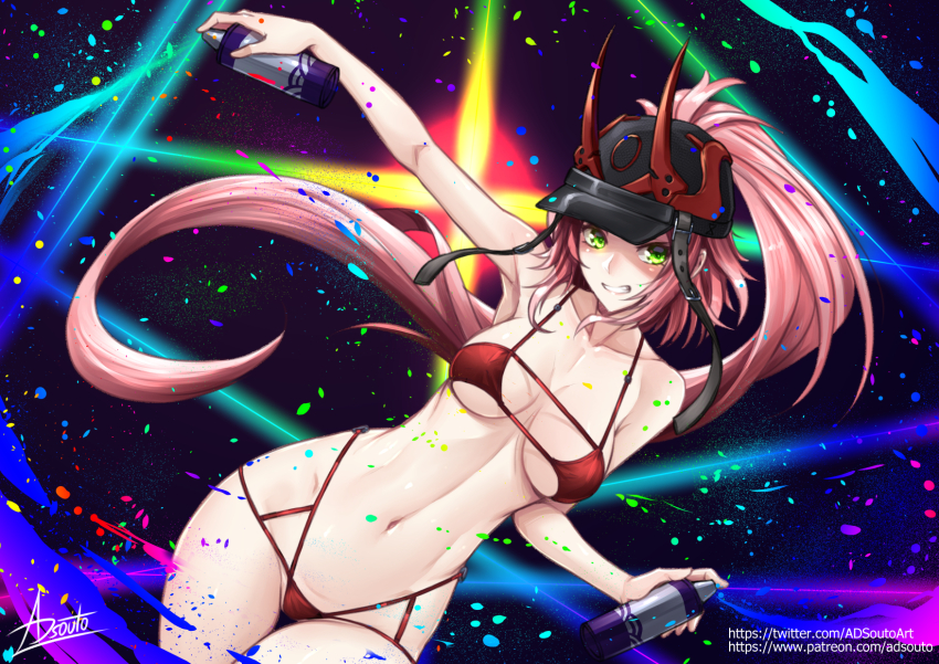 1girl adsouto baseball_cap bikini bottle breasts fake_horns green_eyes grin hat highres honkai:_star_rail honkai_(series) horns long_hair looking_at_viewer medium_breasts navel pink_hair ponytail rappa_(honkai:_star_rail) signature smile solo spray_bottle string_bikini swimsuit variant_set very_long_hair