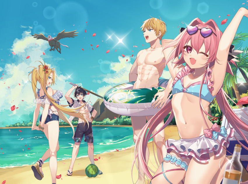 1girl 3boys absurdres ass astolfo_(fate) beach bikini bikini_skirt black_hair black_male_swimwear black_swim_trunks blonde_hair blue_eyes bradamante_(fate) charlemagne_(fate) eyewear_on_head fang fate/grand_order fate_(series) flower food fruit hair_flower hair_ornament heart heart-shaped_eyewear highres hippogriff_(fate) innertube kan&#039;yu_(citron_82) male_swimwear multicolored_hair multiple_boys navel ocean one_eye_closed petals pink_eyes pink_hair roland_(fate) stick sunglasses swim_ring swim_trunks swimsuit trap twintails two-tone_hair watermelon white_hair