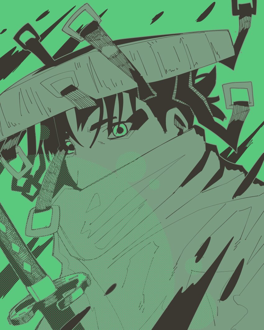 1boy absurdres black_eyebrows black_hair blood blood_splatter cloak covered_mouth eyeshadow gabesona green_background green_eyes green_theme highres kagurabachi katana looking_at_viewer makeup male_focus messy_hair parted_bangs ponytail short_eyebrows short_hair solo spot_color strap sword sword_hilt upper_body uruha_youji weapon