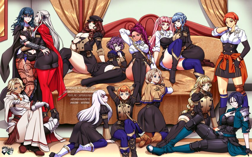 6+girls annette_fantine_dominic ass asymmetrical_hair bedroom belt bernadetta_von_varley black_hair blonde_hair blue_eyes breasts brown_hair byleth_(female)_(fire_emblem) byleth_(fire_emblem) cape catherine_(fire_emblem) choker cleavage clothes_pull deep_skin dorothea_arnault edelgard_von_hresvelg fire_emblem fire_emblem:_three_houses garreg_mach_monastery_uniform grabbing_another&#039;s_ass green_belt green_jacket groping hair_ribbon hilda_valentine_goneril huge_breasts ingrid_brandl_galatea jacket jadenkaiba large_breasts leonie_pinelli lysithea_von_ordelia marianne_von_edmund medium_breasts mercedes_von_martritz multiple_girls nintendo pantyhose patterned_legwear petra_macneary purple_eyes purple_ribbon red_cape red_pantyhose ribbon shamir_nevrand shirt short_hair shorts side_cape small_breasts smile teasing thick_thighs thighhighs thighs white_hair yuri