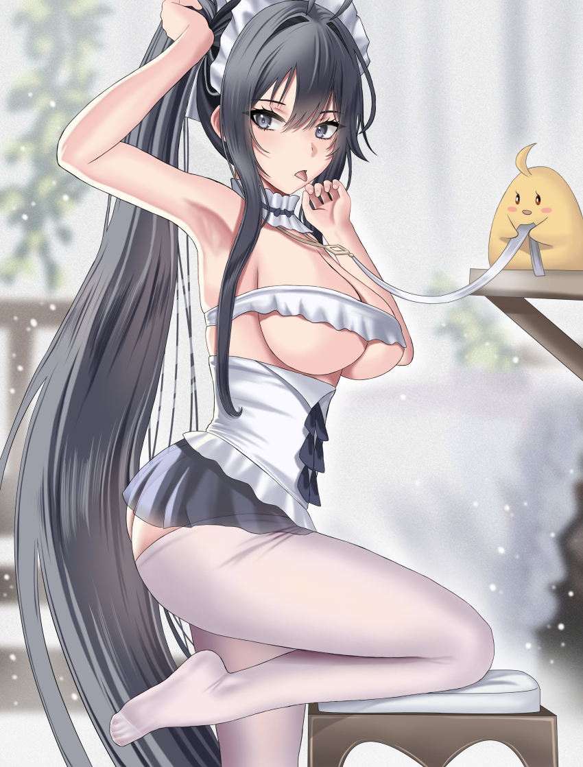 1girl absurdres arm_up armpits azur_lane black_eyes black_hair blurry blurry_background breasts buko_(bukosuki) dress feet_out_of_frame from_side hand_in_own_hair highres indomitable_(azur_lane) indomitable_(ms._motivationless_maid)_(azur_lane) large_breasts long_hair looking_at_viewer maid maid_headdress manjuu_(azur_lane) official_alternate_costume open_mouth panties panty_pull pantyhose ponytail snowflakes solo standing standing_on_one_leg thighs tongue tongue_out underboob underwear very_long_hair white_pantyhose