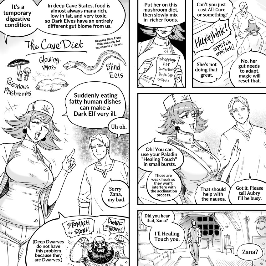 1boy 2girls absurdres bb_(baalbuddy) breasts dark_elf earrings eel elf english_text grack_(dark_elf_stepsister) highres jewelry large_breasts left-to-right_manga moss multiple_girls mushroom nurse original pointy_ears speech_bubble sphere_earrings step-brother_and_step-sister step-siblings willford_diccard zana_(dark_elf_stepsister)