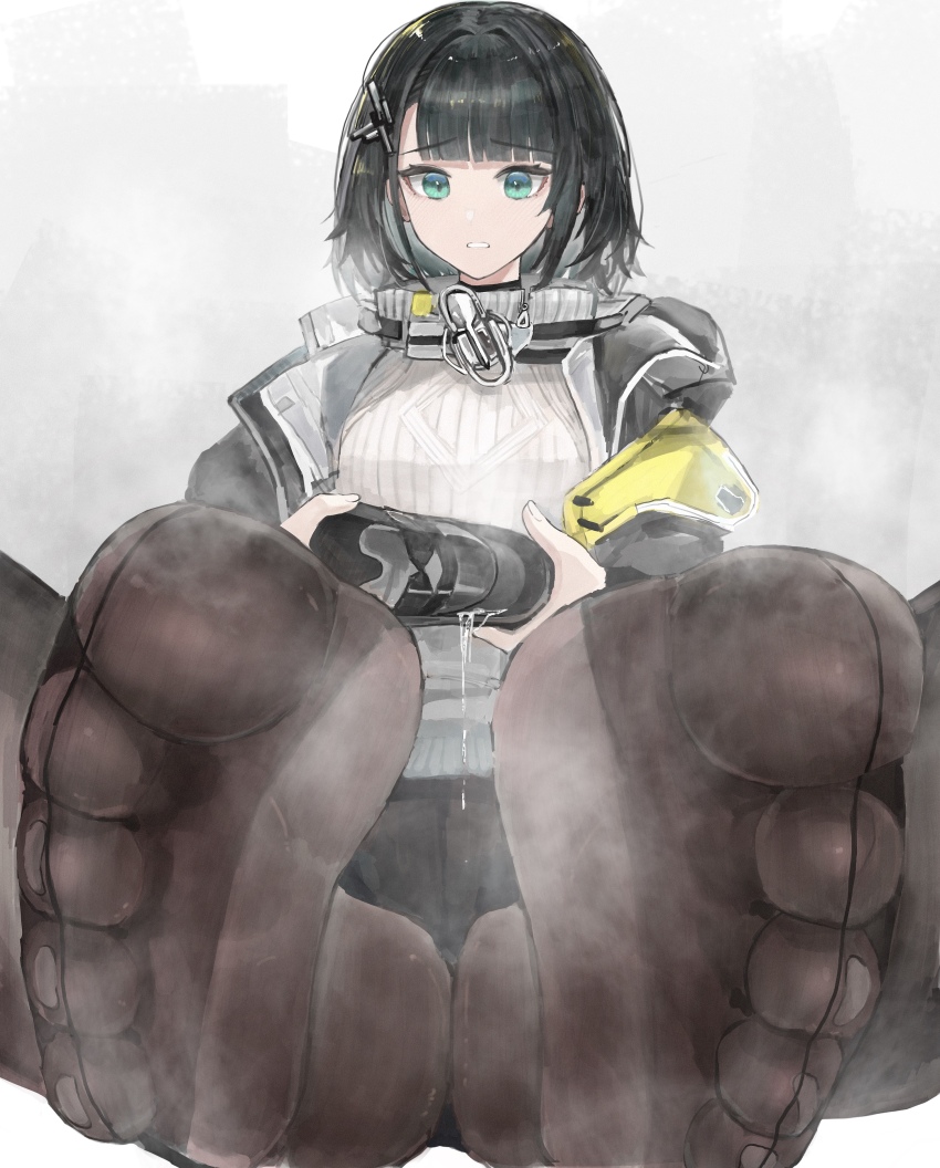 1girl absurdres arknights arknights:_endfield black_hair blue_eyes endministrator_(arknights) feet female_endministrator_(arknights) highres medium_hair pantyhose parted_lips shoes single_shoe soles steam sweat tiansuo_haoer toes unworn_shoes