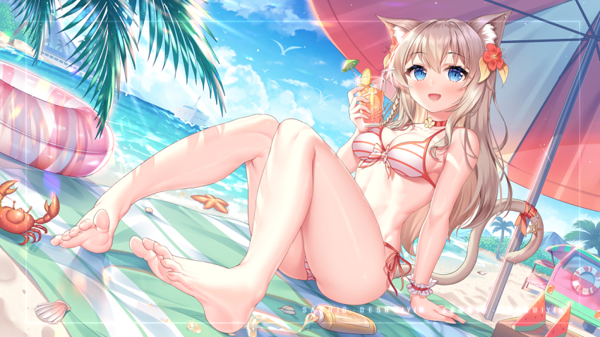 1girl animal_ear_fluff animal_ears bare_legs barefoot beach beach_towel beach_umbrella bikini blue_eyes blush brown_hair cat_ears cat_girl cat_tail chinese_commentary choker commentary_request copyright_request crab cup day feet flower food fruit full_body hair_between_eyes hair_flower hair_ornament halterneck holding holding_cup innertube knees_up long_hair lotion_bottle open_mouth outdoors palm_leaf red_choker red_flower red_ribbon ribbon sannio side-tie_bikini_bottom sitting smile soles solo string_bikini striped_bikini striped_clothes swim_ring swimsuit tail tail_ornament tail_raised tail_ribbon toes towel tropical_drink umbrella virtual_youtuber watermelon watermelon_slice