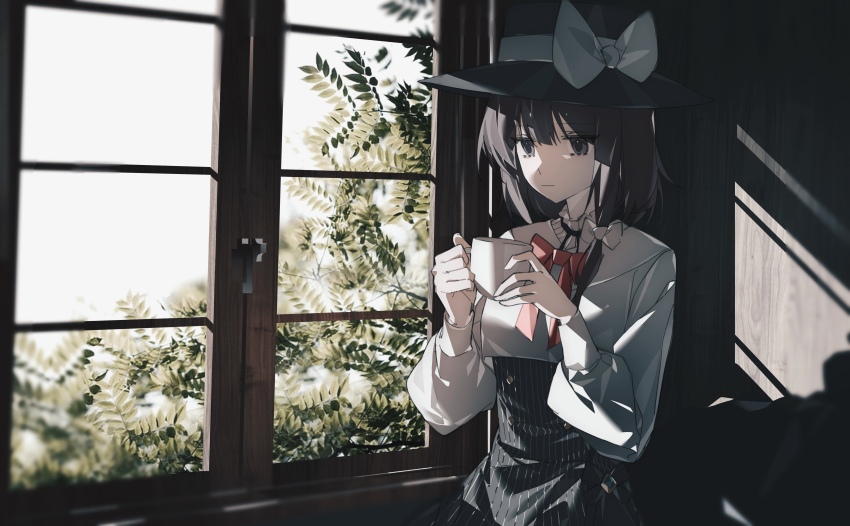 1girl absurdres black_dress black_hair bow bowtie breasts closed_mouth clothing_request commentary_request cropped_shirt cup dress expressionless fedora from_side grass hair_bow hat hat_bow highres holding holding_cup indoors long_hair long_sleeves medium_breasts red_bow red_bowtie shirt short_hair solo touhou usami_renko white_bow white_shirt window window_shadow yexinhan