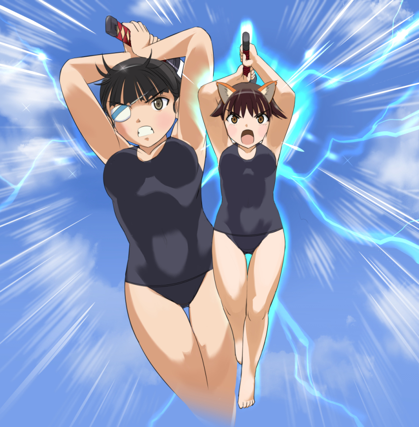 2girls animal_ears black_hair blue_one-piece_swimsuit blush breasts brown_eyes brown_hair clenched_teeth dog_ears eyepatch hosoinogarou large_breasts medical_eyepatch miyafuji_yoshika multiple_girls one-piece_swimsuit open_mouth sakamoto_mio sky small_breasts strike_witches swimsuit sword teeth weapon world_witches_series