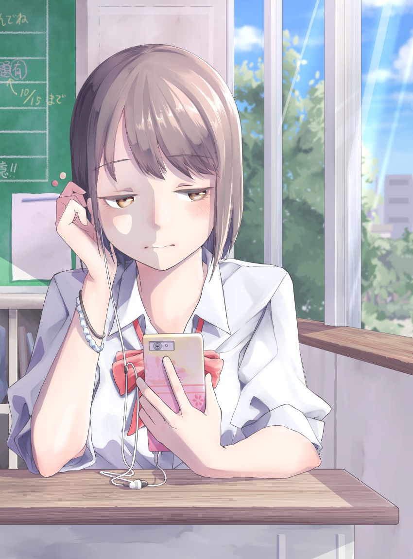 12_graka 1girl absurdres bow bracelet brown_eyes brown_hair cellphone classroom commentary desk earphones half-closed_eyes highres holding indoors jewelry listening_to_music looking_to_the_side original phone school_desk school_uniform short_hair short_sleeves smartphone solo window