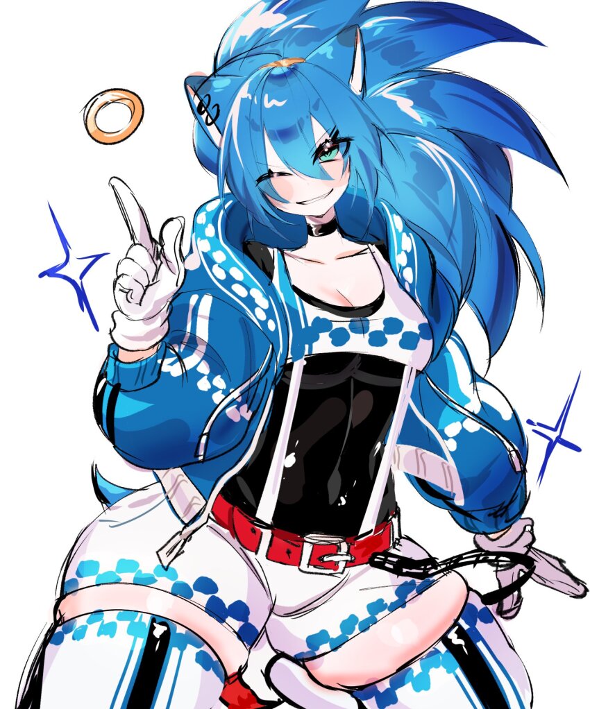 1girl animal_ears belt black_choker blue_jacket breasts choker cleavage genderswap genderswap_(mtf) gloves highres humanization jacket large_breasts one_eye_closed open_clothes open_jacket personification red_belt ring_(sonic) smile solo sonic_(series) sonic_the_hedgehog thick_thighs thighs usa37107692 white_background white_gloves