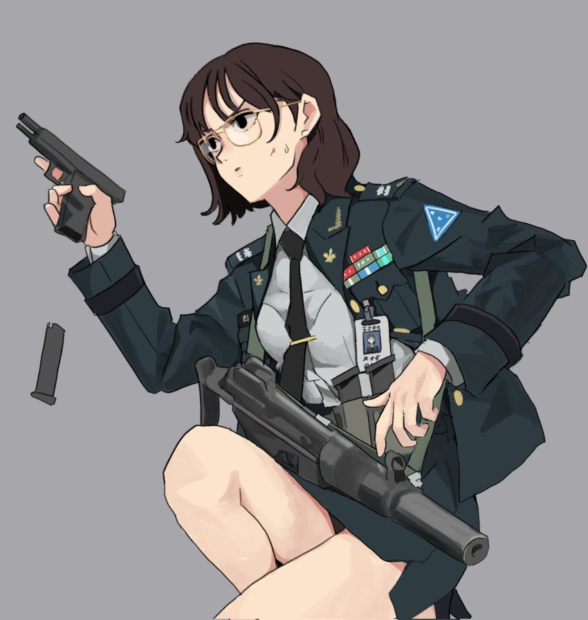 1girl assault_rifle black_eyes black_necktie blue_jacket blue_skirt breast_pocket brown_hair closed_mouth collared_shirt daewoo_k1 daewoo_k5 dress_shirt glasses grey_background grey_shirt gun gun_sling handgun high-waist_skirt highres id_card jacket magazine_(weapon) military military_jacket military_rank_insignia military_uniform necktie open_clothes open_jacket original pencil_skirt pocket reloading ribbon_bar rifle shirt short_hair simple_background skirt sling_(weapon) solo suppressor sweatdrop trigger_discipline wani_(perfect_han) weapon