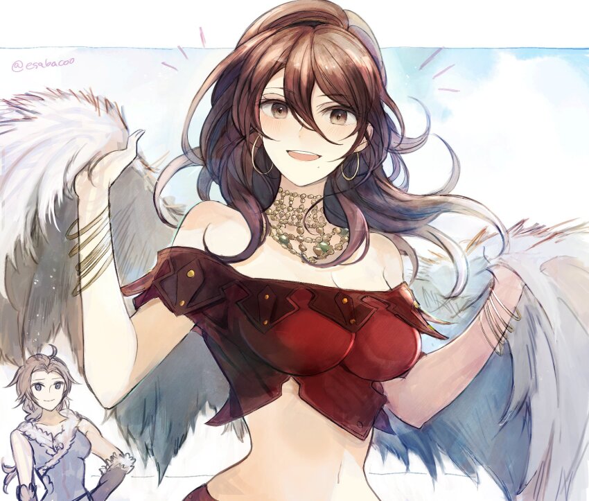 2girls :d artist_name bare_shoulders bracelet breasts brown_eyes brown_hair dancer earrings fur_shawl h&#039;aanit_(octopath_traveler) hair_between_eyes highres holding_shawl hoop_earrings jewelry large_breasts leaf_(esabacoo) letterboxed long_hair looking_at_viewer multiple_bracelets multiple_girls navel notice_lines octopath_traveler octopath_traveler_i open_mouth primrose_azelhart shawl smile teeth twitter_username upper_teeth_only