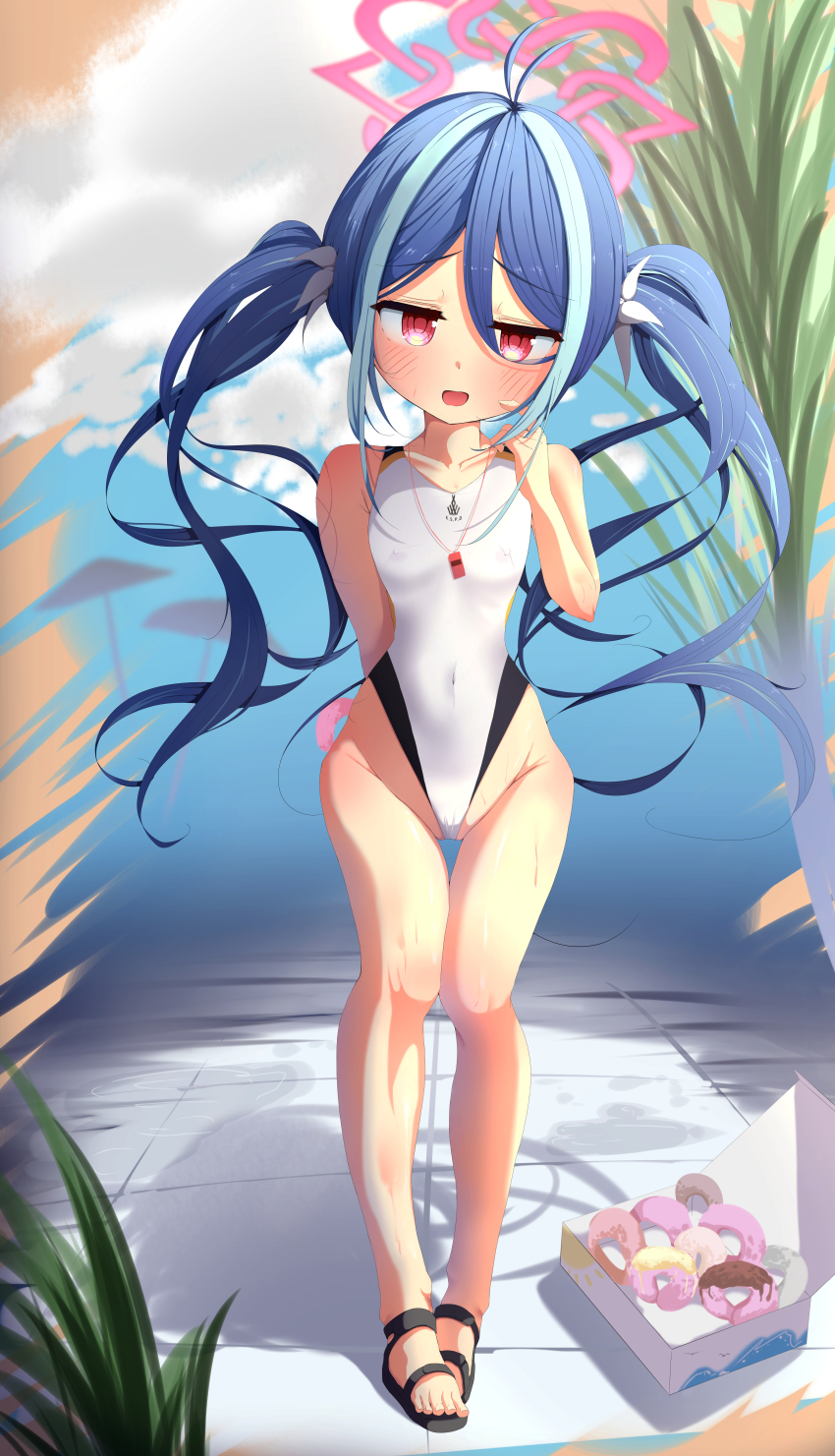 1girl absurdres antenna_hair blue_archive blue_hair commission competition_swimsuit cosplay covered_navel doughnut food fubuki_(blue_archive) full_body hair_between_eyes halo highleg highleg_one-piece_swimsuit highres kanna_(blue_archive) kanna_(blue_archive)_(cosplay) kanna_(swimsuit)_(blue_archive) long_hair looking_at_viewer multicolored_clothes multicolored_swimsuit one-piece_swimsuit pink_halo pixiv_commission red_eyes sandals sendo_(sendo758) solo standing swimsuit thigh_gap whistle whistle_around_neck white_one-piece_swimsuit