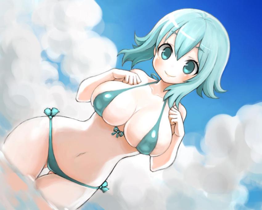 1girl aqua_bikini aqua_eyes aqua_hair aqua_theme bikini blue_sky breasts cleavage day dutch_angle female_focus front-tie_top hair_between_eyes hiro1984 large_breasts navel original side-tie_bikini_bottom sky smile solo swimsuit thigh_gap wading