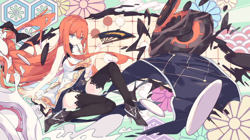 1girl :/ absurdres black_thighhighs blue_eyes blush breasts china_dress chinese_clothes closed_mouth cloud copyright_request dress female_focus floral_background hair_between_eyes high_heels highres knee_up large_breasts litsvn long_hair looking_at_viewer orange_hair pelvic_curtain seigaiha sitting solo thighhighs very_long_hair