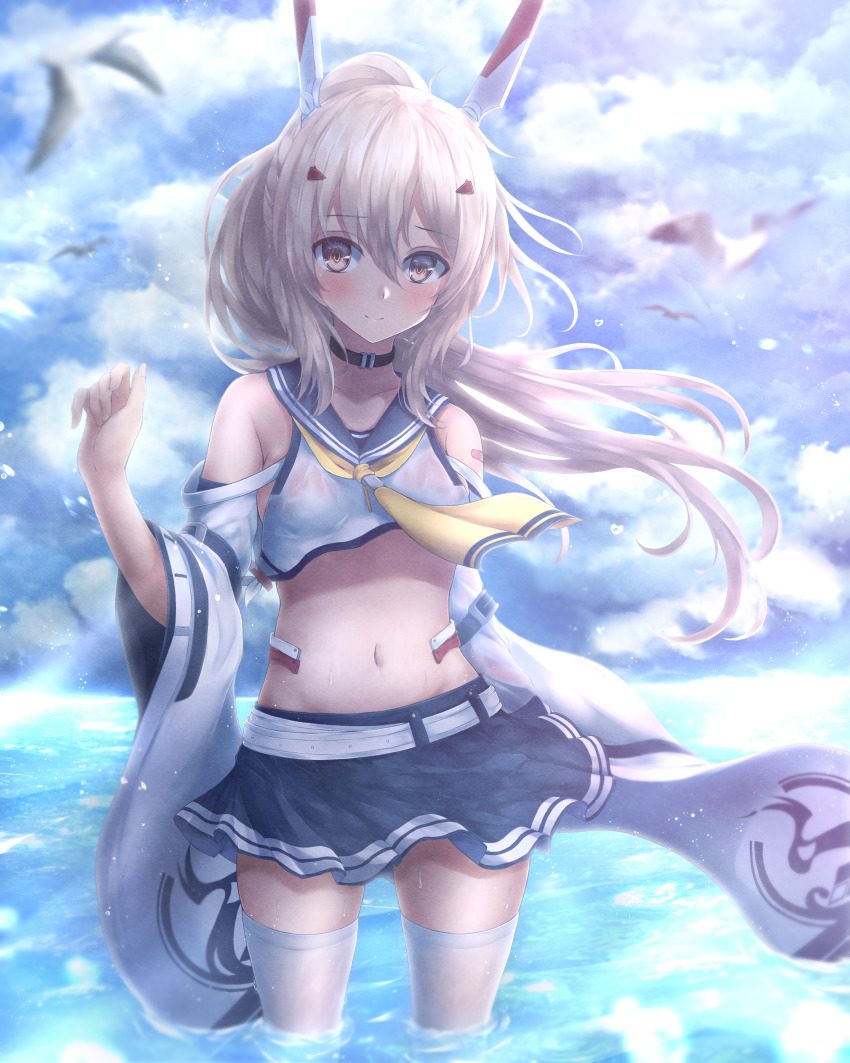 1girl absent absurdres ayanami_(azur_lane) ayanami_(retrofit)_(azur_lane) azur_lane bandaid bandaid_on_arm bare_shoulders belt bird blue_sailor_collar blue_skirt blush breasts closed_mouth cloud cloudy_sky commentary_request cowboy_shot crop_top detached_sleeves floating_hair groin hair_between_eyes hair_ornament hand_up headgear high_ponytail highres long_hair looking_at_viewer midriff navel neckerchief ocean platinum_blonde_hair pleated_skirt ponytail red_eyes retrofit_(azur_lane) sailor_collar shirt sidelocks skindentation skirt sky small_breasts smile solo standing thighhighs wading wet wet_clothes wet_shirt white_belt white_sleeves white_thighhighs wide_sleeves wind yellow_neckerchief zettai_ryouiki