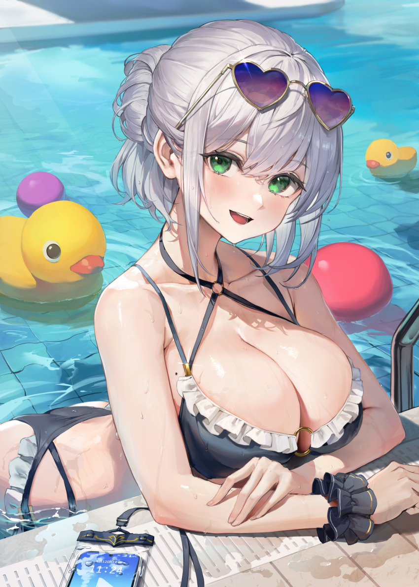 1girl :d arm_rest ass ball bikini black_bikini blush breast_rest breasts cellphone cleavage collarbone eyewear_on_head frilled_bikini frills green_eyes grey_hair hair_bun heart heart-shaped_eyewear highres hololive lanyard large_breasts leaning_forward looking_at_viewer medium_hair mole mole_on_breast open_mouth phone pool rubber_duck shirogane_noel smartphone smile sunglasses swimsuit textless_version virtual_youtuber watao