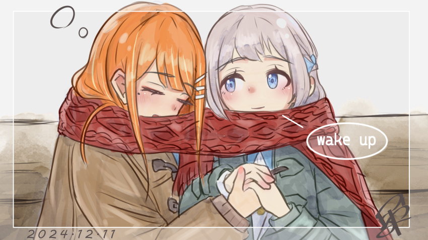 2girls blue_ribbon blush brown_coat coat dated duffel_coat gakuen_idolmaster grey_coat grey_hair hair_ribbon half_up_braid highres holding_hands idolmaster katsuragi_lilja knit_scarf looking_at_another mole mole_under_eye multiple_girls orange_hair red_scarf ribbon ribbon_braid rutomiartdayo scarf shared_clothes shared_scarf shiun_sumika sleeping squeans yuri