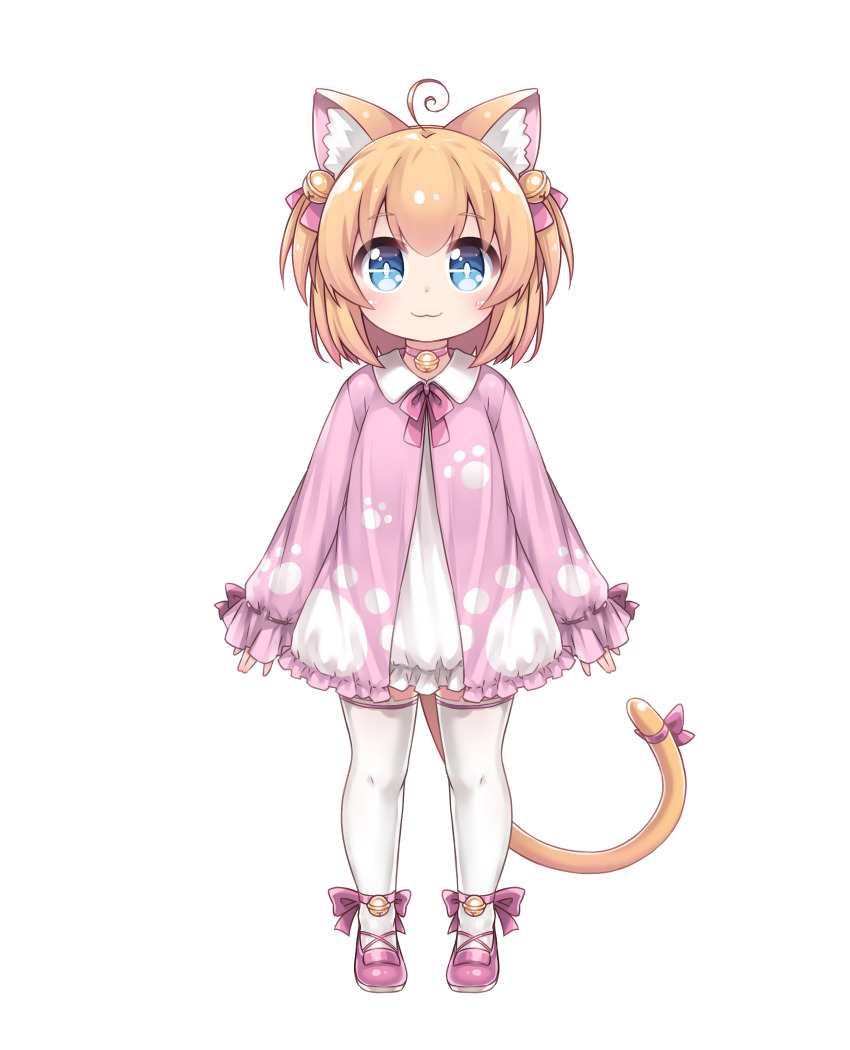 1girl :3 ahoge animal_ear_fluff animal_ears bell blonde_hair blue_eyes bow bright_pupils cat_ears cat_girl cat_tail choker closed_mouth collared_dress commentary_request dot_nose dress footwear_bow frilled_sleeves frills full_body hair_bell hair_ornament hair_ribbon highres jacket jingle_bell long_sleeves looking_at_viewer medium_hair neck_bell neck_ribbon open_clothes open_jacket original paw_print paw_print_pattern pink_bow pink_choker pink_footwear pink_jacket pink_ribbon print_jacket ribbon ribbon-trimmed_sleeves ribbon_trim simple_background smile solo standing tachi-e tail tail_bow tail_ornament tamase_tama thighhighs transparent_background two_side_up white_background white_dress white_pupils white_thighhighs