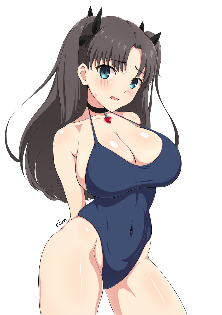 1girl absurdres alternate_breast_size arms_behind_back artist_name black_choker black_hair blue_eyes blue_one-piece_swimsuit blush breasts choker cleavage commentary_request covered_navel cowboy_shot elun_(llelunlun) fate/stay_night fate_(series) gem hair_ornament heart highleg highleg_one-piece_swimsuit highres large_breasts long_hair looking_at_viewer one-piece_swimsuit parted_lips partial_commentary red_gemstone simple_background solo standing sweat swimsuit tohsaka_rin two_side_up white_background