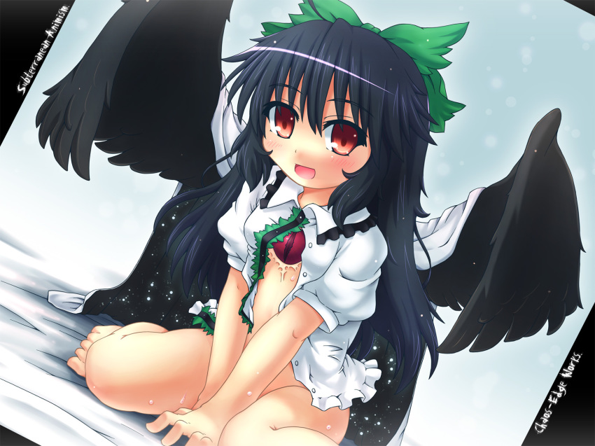 1girl barefoot black_hair blush bottomless bow cape etogami_kazuya feet female_focus hair_bow highres long_hair no_panties open_clothes open_shirt red_eyes reiuji_utsuho shirt solo touhou wings