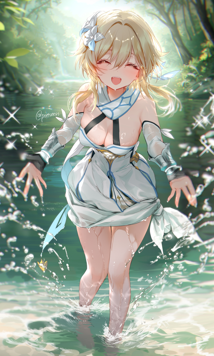 1girl :d absurdres barefoot black_gloves blonde_hair breasts cleavage closed_eyes dress facing_viewer flower genshin_impact gloves hair_between_eyes hair_flower hair_ornament highres large_breasts lumine_(genshin_impact) open_mouth outdoors partially_fingerless_gloves partially_submerged pottsness scarf short_hair_with_long_locks smile splashing tied_dress twitter_username wet white_dress white_scarf