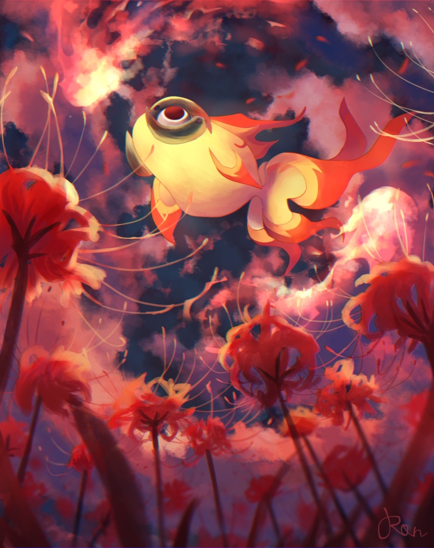 artist_name chi-yu_(pokemon) creatures_(company) fire fish floating flower from_below game_freak glowing goldfish highres night nintendo no_humans petals pokemon pokemon_(creature) red_theme rongai28 signature spider_lily