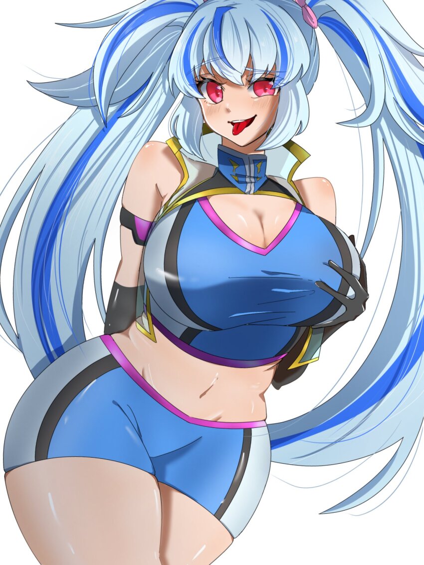 black_gloves blue_hair bow breasts cleavage gloves grabbing_own_breast gundam gundam_breaker_4 highres juice_(jule_tyaojule) khara_pacchio long_hair midriff multicolored_hair navel red_bow red_eyes simple_background sleeveless smile stomach tongue tongue_out twintails