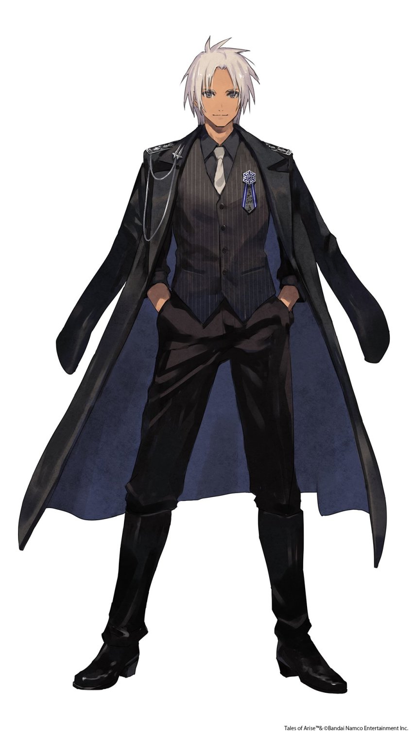 1boy alphen_(tales) coat dark-skinned_male dark_skin formal_clothes full_body hair_between_eyes hands_in_pockets highres jacket long_sleeves looking_at_viewer off-shoulder_coat off-shoulder_jacket off_shoulder official_alternate_costume official_art open_clothes open_jacket short_hair solo spiked_hair suit tales_of_(series) tales_of_arise white_hair