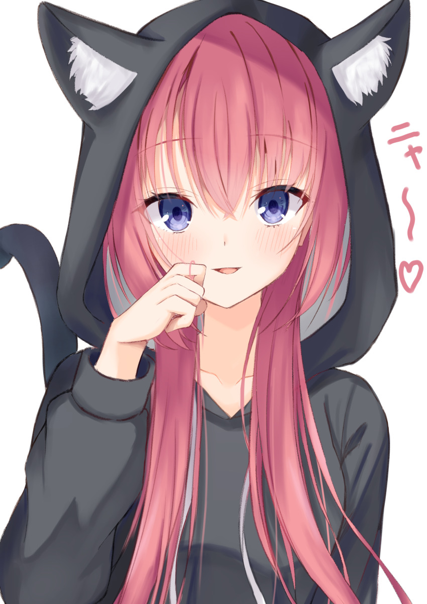 1girl :d absurdres alternate_costume animal_ear_fluff animal_ear_hood animal_ears black_hoodie blue_eyes blush cat_ears cat_tail commentary eyelashes eyes_visible_through_hair fake_animal_ears fake_tail hair_between_eyes hand_up happy heart highres hood hoodie kiki0319i long_hair long_sleeves looking_at_viewer low_twintails open_mouth ozato_fumika paw_pose red_hair simple_background smile solo straight_hair tail tenshi_souzou_re-boot! translated tsurime twintails upper_body white_background