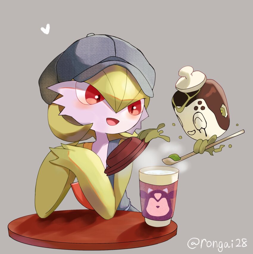 artist_name blush clothed_pokemon creatures_(company) cup disposable_coffee_cup disposable_cup elbows_on_table game_freak gardevoir gardevoir_(cafe) gen_3_pokemon grey_background grey_headwear hat heart highres holding holding_spoon nintendo open_mouth pokemon pokemon_(creature) pokemon_unite poltchageist rongai28 simple_background spoon table upper_body