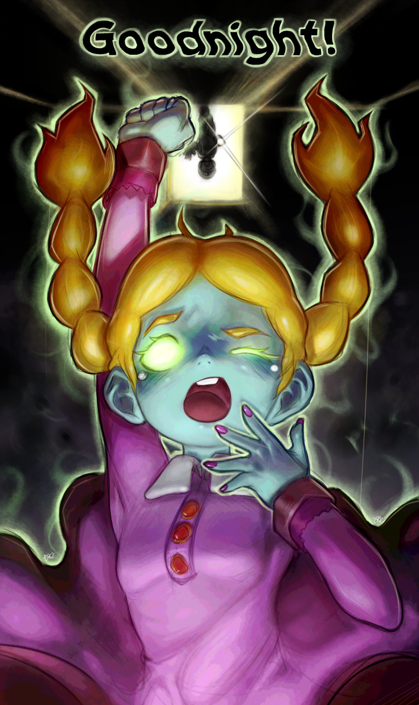 1girl absurdres blonde_hair blue_skin braid breasts colored_skin dress flashlight ghost_girl glowing glowing_eyes green_eyes highres luigi luigi&#039;s_mansion mario_(series) nail_polish nintendo onimiere open_mouth pajamas pink_dress sleepwear small_breasts stretching sue_pea_(luigi&#039;s_mansion) twin_braids yawning