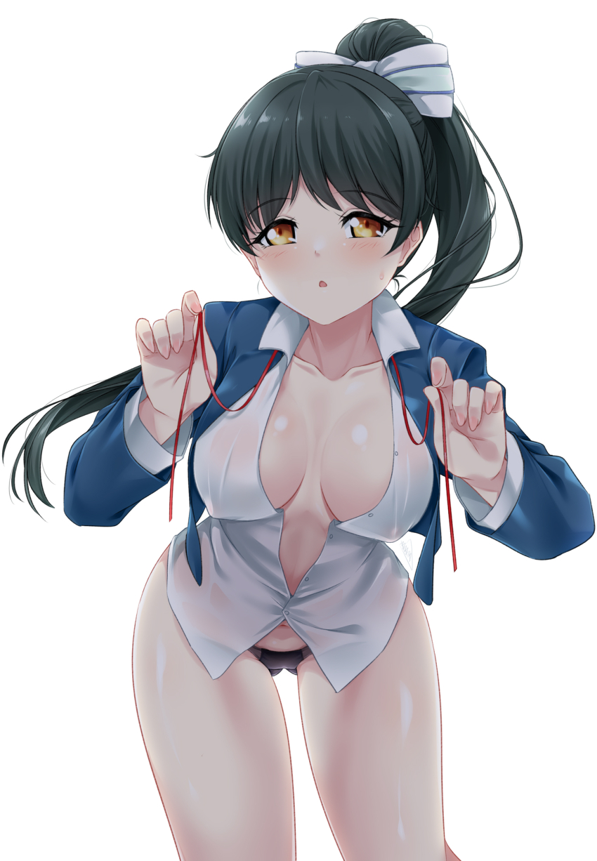 1girl black_hair black_panties blue_jacket blush breasts bunji commentary gluteal_fold hazuki_ren highres jacket large_breasts long_hair looking_at_viewer love_live! love_live!_superstar!! navel neck_ribbon open_mouth panties partially_unbuttoned ponytail red_ribbon ribbon school_uniform shiny_skin shirt signature sweatdrop underwear untied_ribbon white_background white_shirt yellow_eyes yuigaoka_school_uniform