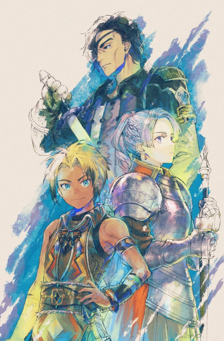 1girl armor blonde_hair braid brown_hair chris_lightfellow closed_mouth earrings floating_earring french_braid geddoe_(suikoden) gensou_suikoden gensou_suikoden_iii gloves grey_hair highres hugo_(suikoden_iii) jewelry long_hair looking_at_viewer moryo multiple_boys purple_eyes short_hair smile sword weapon white_hair